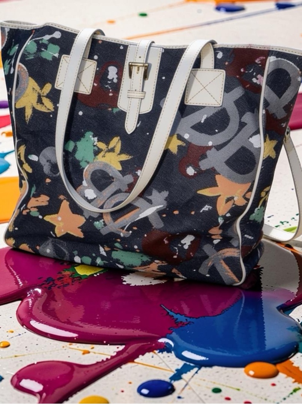 Dooney & Bourke Paint-Splash Canvas Tote Bag with White Trim - Set of 3 LIKE NEW